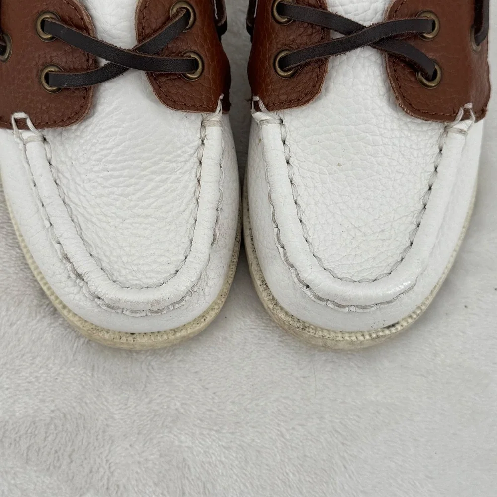 Janie and Jack Boat Shoes Toddler Size 8 White & Brown Leather Nautical Loafers